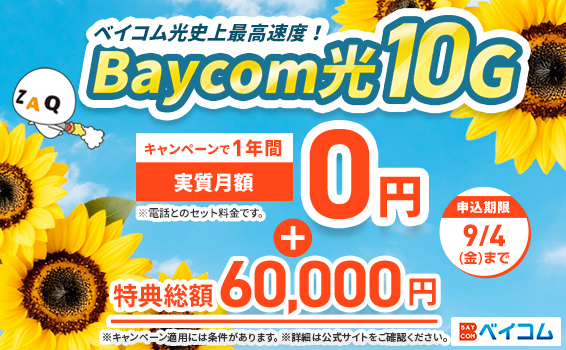 【一戸建てにお住まいの方】ベイコム光史上最高速度！光10Gインターネットがお得！